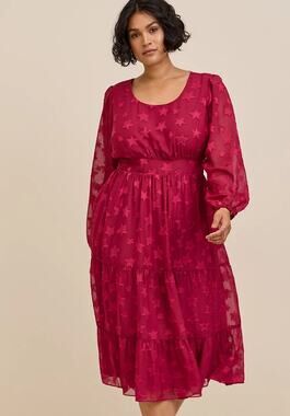 Torrid Red Dress All Over Star Applique Long Sleeve Flowy Sheer Plus Size 2X